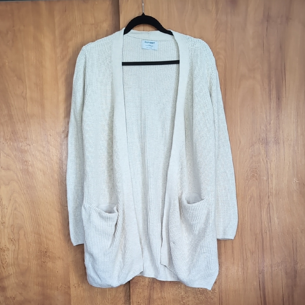 Old Navy Cream Long Open-Front Ribbed Cardigan with Pockets